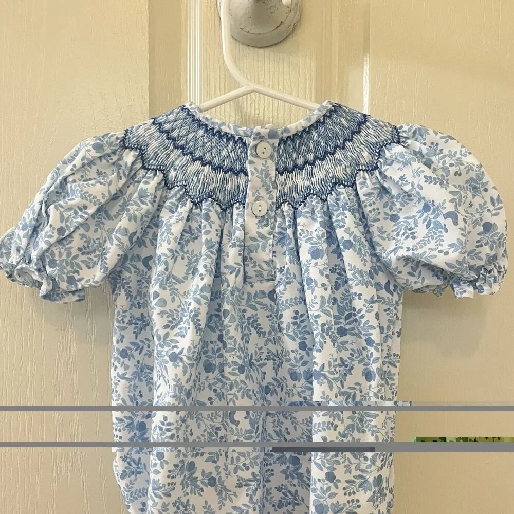 Sweet Dreams Blue Floral Birds Smocked Bubble Romper Girls Size 12 Months
